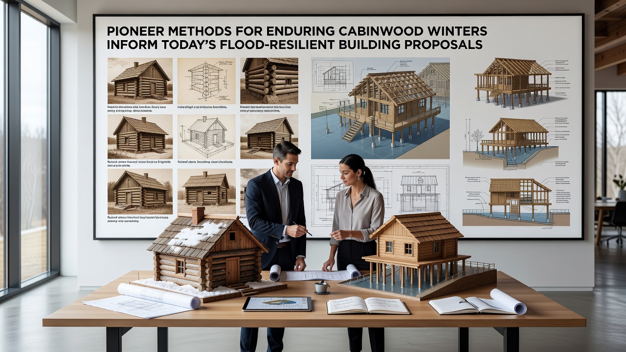 Modern flood-resilient cabin design in Cabinwood incorporating elevated foundations and steep roof profiles derived from pioneer techniques